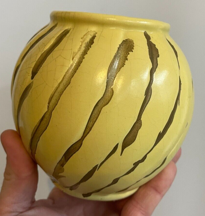Vintage Hand Made Ceramic Yellow & Gold Globe Vase Marked E-45 Made in USA Decor