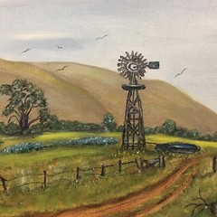 Original Bluebonnets Windmill Hills Trees Country Roads Unframed Painting Signed