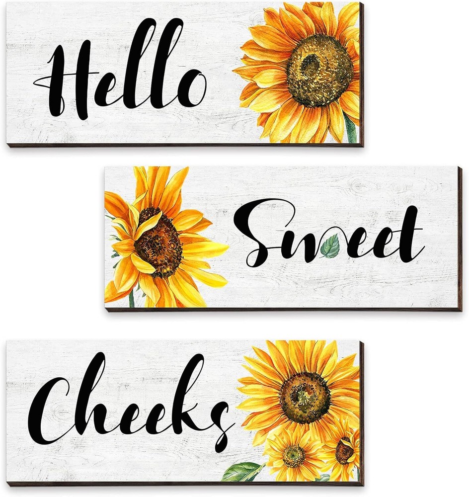 3 Pieces Sunflower Wall Decor Hello Sweet Wooden Art Signs Summer White