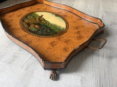 Antique Vintage Tin Painted Metal Pheasant Hunting Serving Tray Toleware