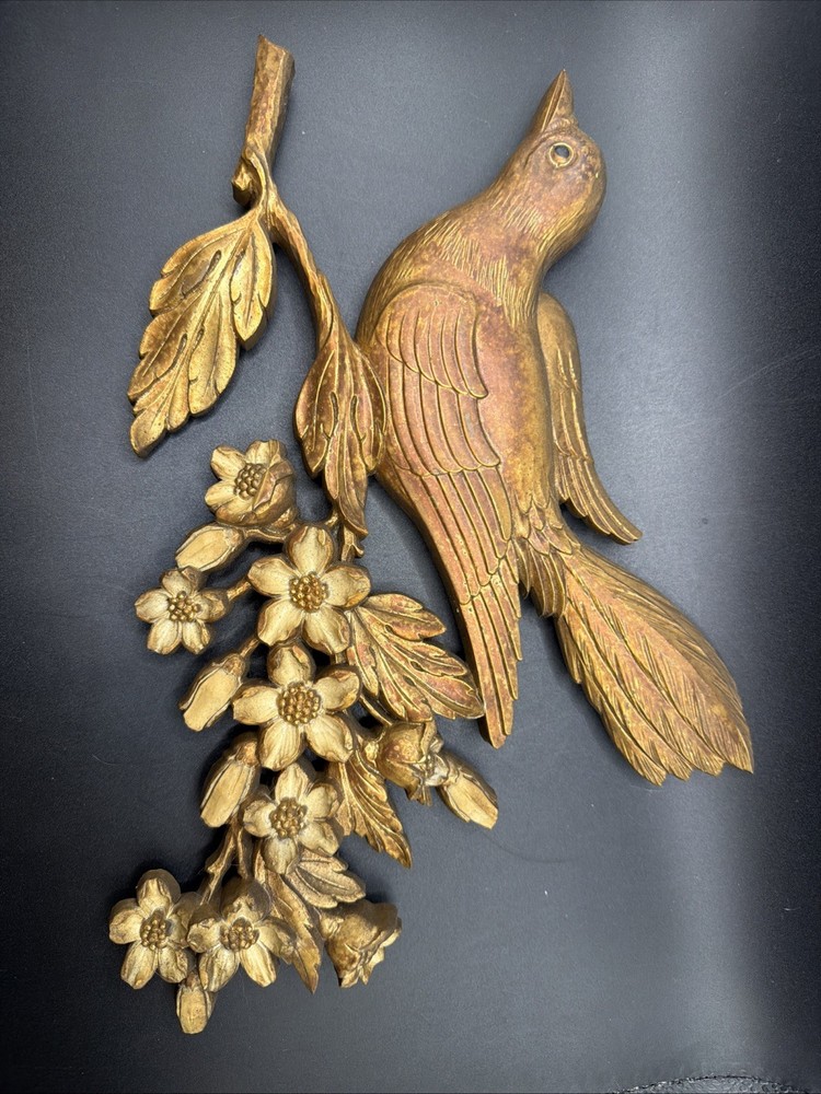 Vintage Syroco Bird Plaque with Dogwood Flowers Wall Art Decor Gold Tone