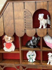 Vintage Wall Or Table Wooden House Shaped Shadowbox W/Red Backing 7 Items Total