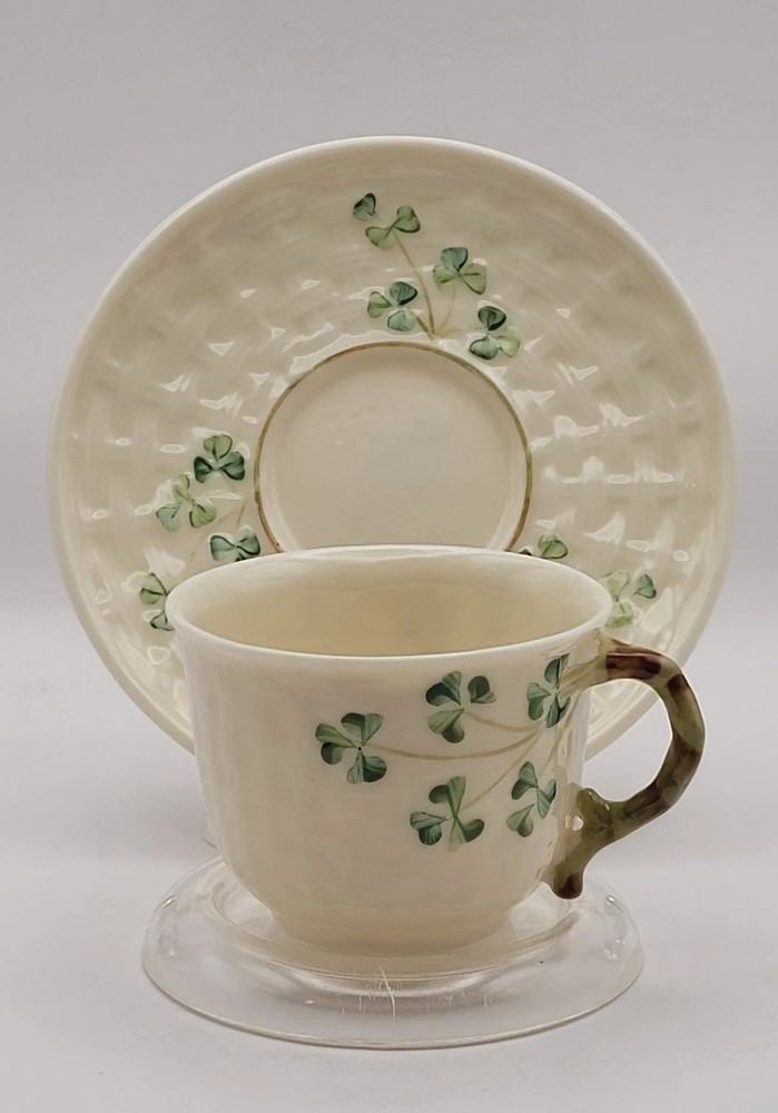 VTG Belleek Shamrock Basketweave Pattern Parian China Teacup & Saucer 1946-1981