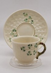 VTG Belleek Shamrock Basketweave Pattern Parian China Teacup & Saucer 1946-1981
