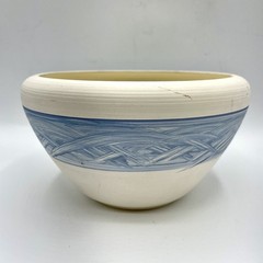 Signed Pottery Bowl Cream Stoneware w/ Blue Slip Woven Band In Coastal Style