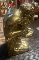 Vtg Rodin Thinker Cast Metal Bronze Finish Bookends Marble Base Art Deco Heavy