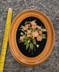 Vintage Oval Gold Framed 3D Flowers Black Background Floral Art Decor 9″x 5″