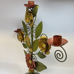VTG Mid Century Toleware Metal Floral Tree of Life Candlestick 16″