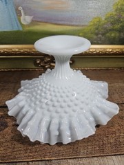 Fenton White Milk Glass Hobnail Ruffled Pedestal Compote Signed VTG, 8″