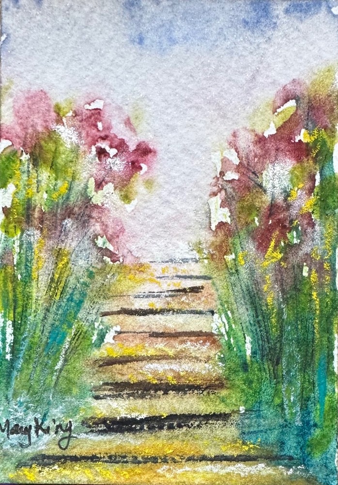 Watercolor ACEO Original Painting by Mary King – Flower Garden Steps
