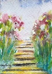 Watercolor ACEO Original Painting by Mary King – Flower Garden Steps