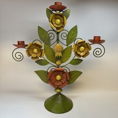 VTG Mid Century Toleware Metal Floral Tree of Life Candlestick 16″