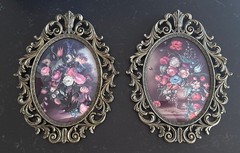 This Is A Set/ 2 VTG Italian Floral Wall Hanging Ornate Brass Frame Convex Glass