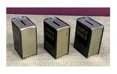 VINTAGE 3 SMALL HOLY BIBLE PRODUCERS BANK ALL WITH BOTTOM PLUGS MADE IN JAPAN