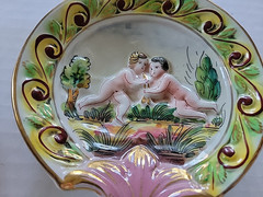 Antique SUNRISE ITALY Cherub Putti Porcelain Hand Painted Relief Trinket Dish 3D
