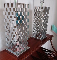 2 CHECKERBOARD chrome table lamp vtg pop mod mcm ’80s modernist art sculpture