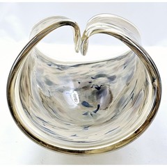 Vintage Folded Hand Blown Art Glass Centerpiece Bowl Murano Style Tan Black Grey