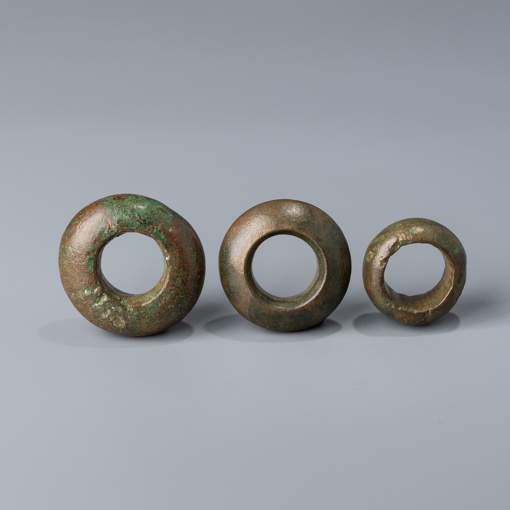 Lot of 3 Ancient Greek Bronze Spindle Whorls Ring Money [3pcs, 323gram]