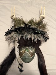 Decorative Mask with Antlers, Feathers, Long Hair – Black Gray White Original