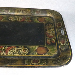 Antique Toleware Pair of Metal Trays Black Hand Painted Floral Stenciled 24″x18″