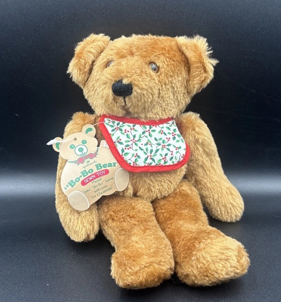 NWT!Vintage 1984 Hallmark Teddy ‘Bo-Bo Bear’ Plush Sewn-Toy Brown 9” Jointed Bib