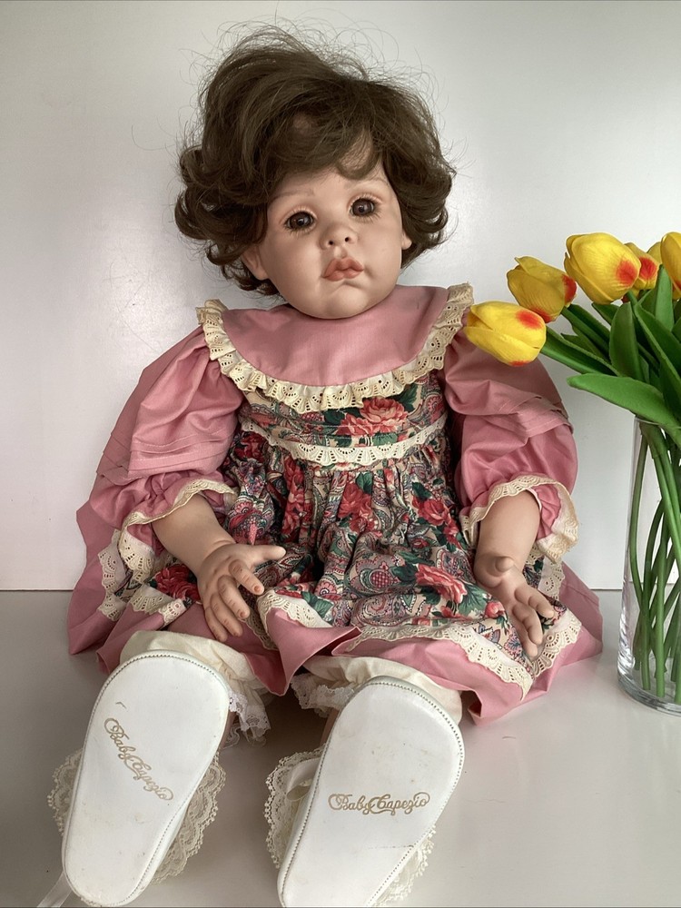 Vintage 28″ Porcelain Toddler Doll Brown Hair Eyes Pink Dress Floral Pinafore