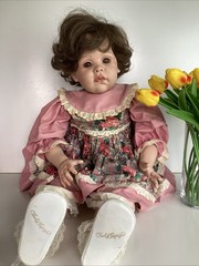 Vintage 28″ Porcelain Toddler Doll Brown Hair Eyes Pink Dress Floral Pinafore