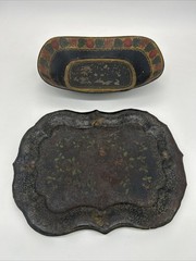 Victorian Antique Toleware Hand Painted Metal Tray & Bowl • Fruit/Foliage