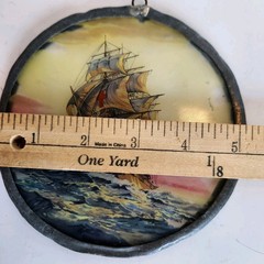 Antique 1910 Reverse-Paint Glass Galleon Ship Scene Edwardian Wall Decor Plaque
