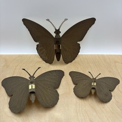 Vintage Home Interiors Butterfly Gold Tone Metal Tin 3D Wall Decor Set Of 3 MCM