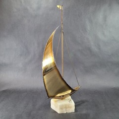 Vintage Brass Sailboat Sculpture 15 Inches Onyx Base Signed By Artist