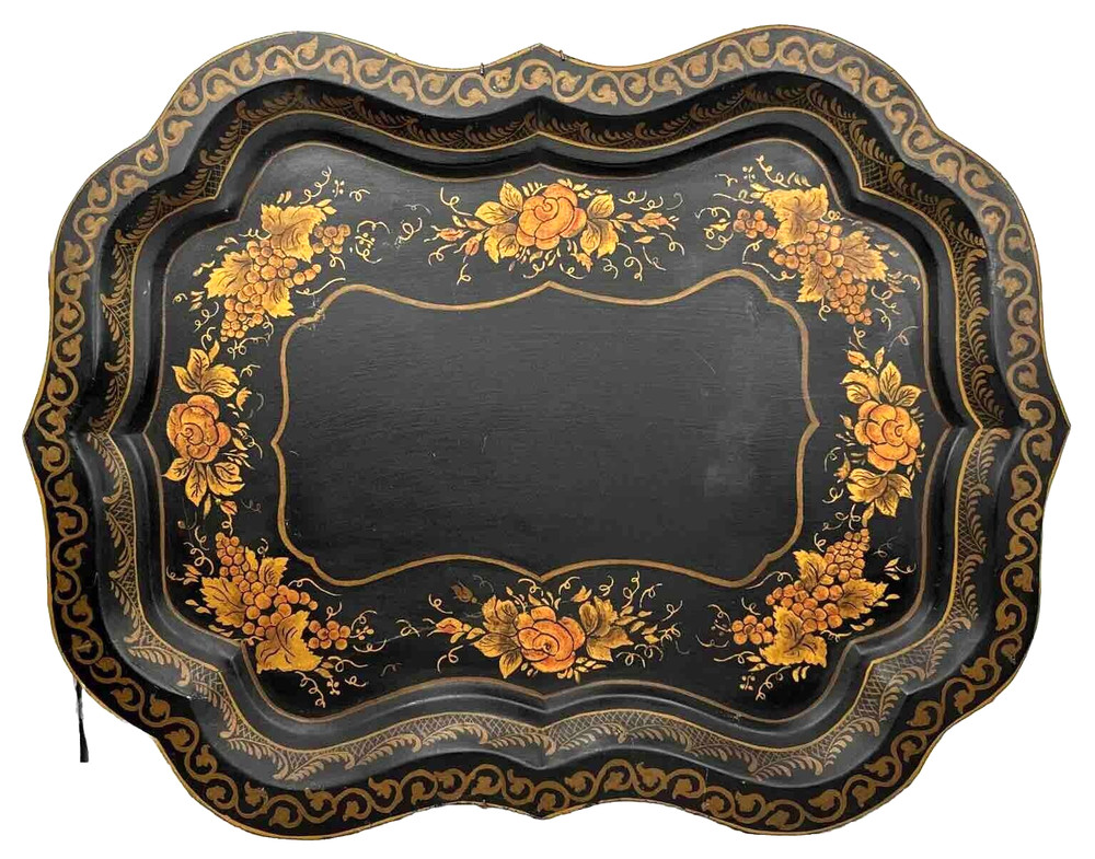 Antique Metal Tole Toleware Tray Hand Painted Large J R Byram Reading MA 1800s