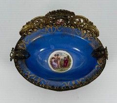 VTG La Chateau Porcelain Trinket Dish Metal Bronze Mount Victorian Scene