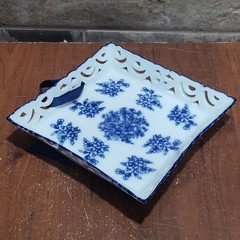 Porcelain Lace Cut Trinket Coin Candy Nut Dish Blue White Flower Wall Hanging