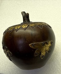 Rare Antique(?) Wood-Like Apple Decor w/Metal Brass Tone Accents