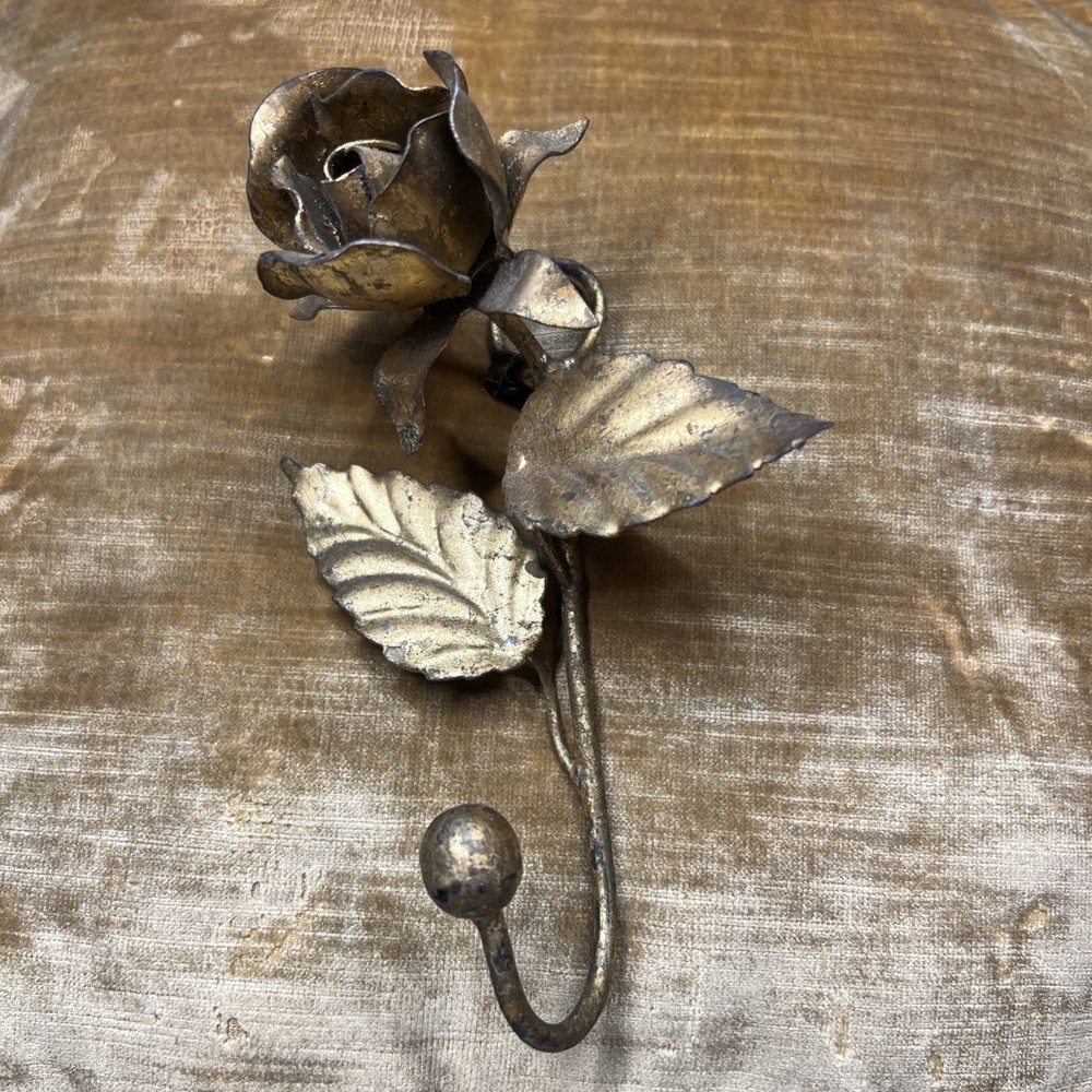 Italian Tole Metal Rose Wall Hook Antique Gold Finish 6″ MCM VTG