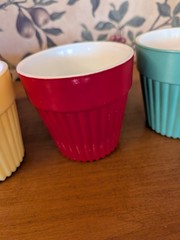 5-VINTAGE HAZEL ATLAS MODERNTONE FLOWER POTS 3-3/4″BLU,RED,YELLOW,GRN, ORANGE