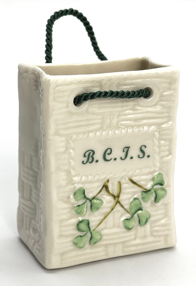 Belleek BCIS Ceramic Shopping Bag, Collectors Society, Shamrocks, Vintage