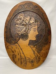 Vintage Art Nouveau Oval Wood Carved Pyrography Victorian Lady