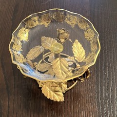 VTG Italy Gold Gilt Tole Metal Leaves/Roses Glass Candy Dish-Compote-Hollywood!