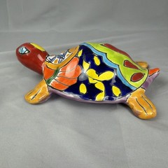 Talavera Cobalt Blue-Orange Pottery Hand Painted Turtle Art Mexico 9.5″ Garden