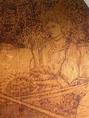 Antique Arts Crafts Flemish Art Pyrography Wood Wall Plaque Nouveau Scene 18 In