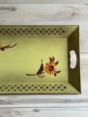VTG Toleware Nashco Metal Rectangle Green Hand Paint Floral Tray Handles 22” L