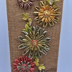 Vtg floral wall plaque raffia paper media art MCM 1970’s Burlap Flowers Decor