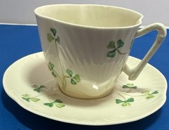 Vintage Belleek Pottery shamrock teacup/saucer set from Ireland – 11th mark