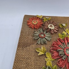 Vtg floral wall plaque raffia paper media art MCM 1970’s Burlap Flowers Decor