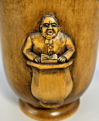 Vintage Carved Wooden Folk Art Cup Vase Vessel 3 Carved Wood Figures SIGNED 4.8″