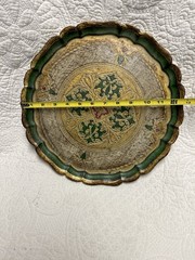 Set Of Two Florentine Style Tole Tray Round Gold Green Wall Decor Italy Vintage