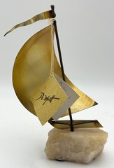 Vintage DeMott Signed Brass Sail Boat Sculpture w/ Onyx Base Nautical, Orig. Tag