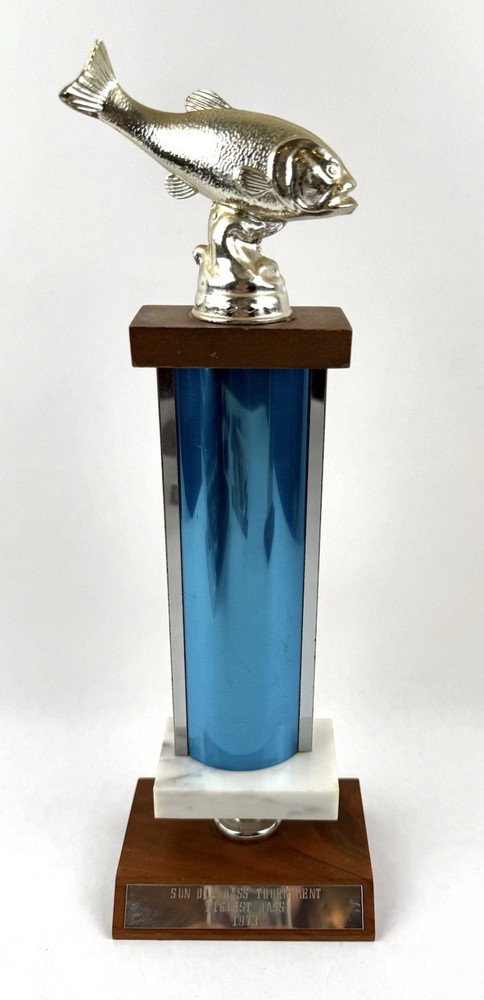 Bass Fishing Trophy “Biggest Bass” 1973 W/ Metal Fish Topper & Marble 15” VTG GC